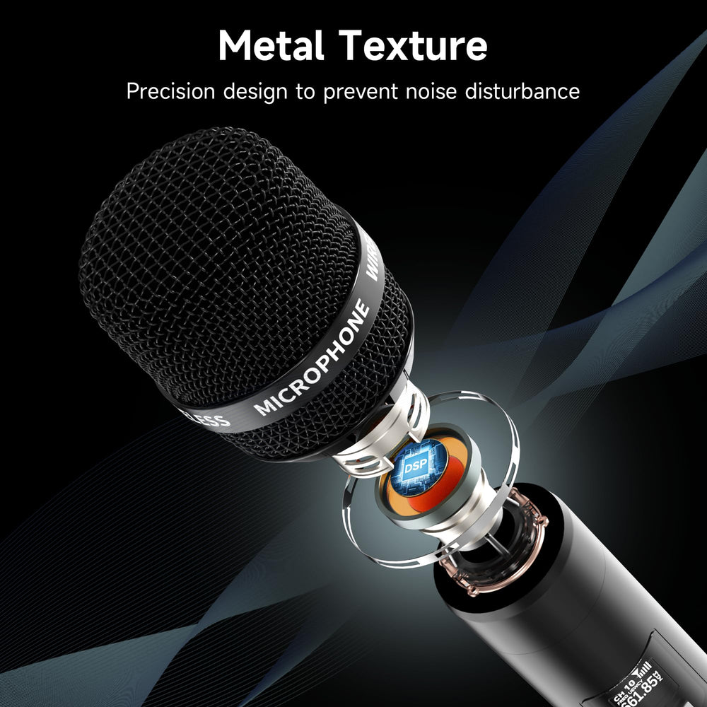 ECHOMUSSY wireless microphone showing 200ft range for flexible installation.