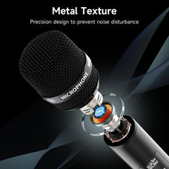 ECHOMUSSY wireless microphone showing 200ft range for flexible installation.