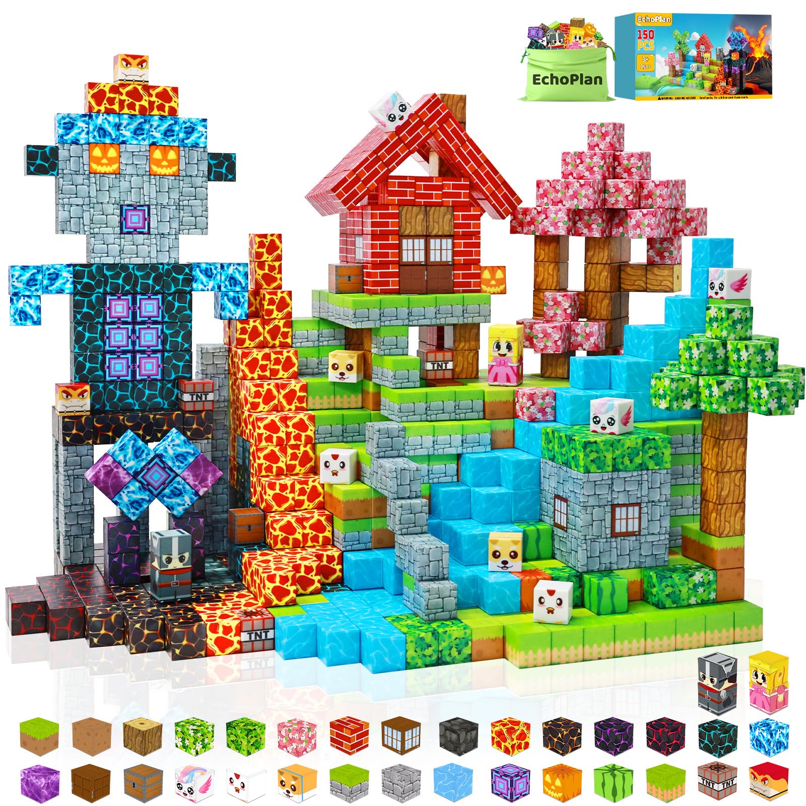 EchoPlan 150PCS magnetic blocks in large 1-inch size for imaginative STEM play.