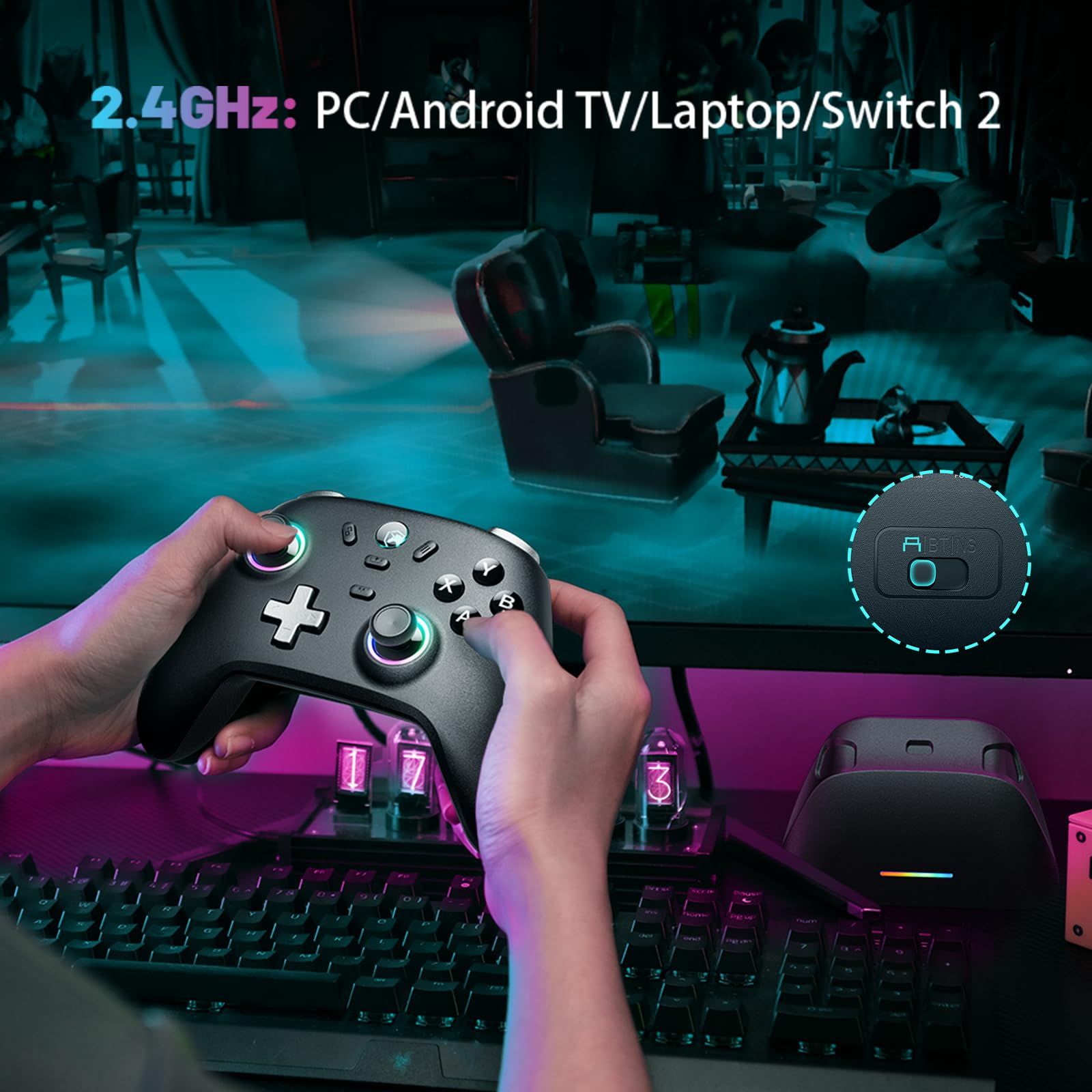 ECHTPower PC Gaming Controller dynamic RGB lighting matches your setup.
