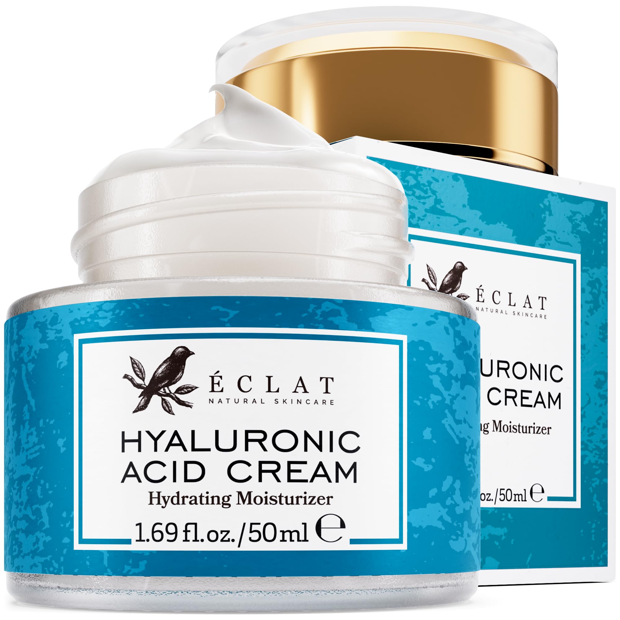 Eclat Skincare Hyaluronic Acid Cream bottle on a clean surface, highlighting hydration