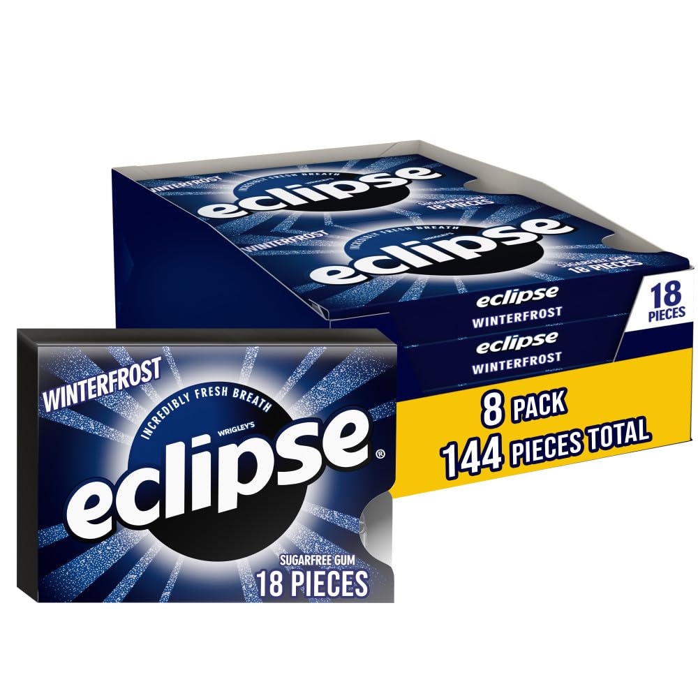 Eclipse Winterfrost sugarfree gum 18 pieces in an 8-pack for on-the-go freshness.