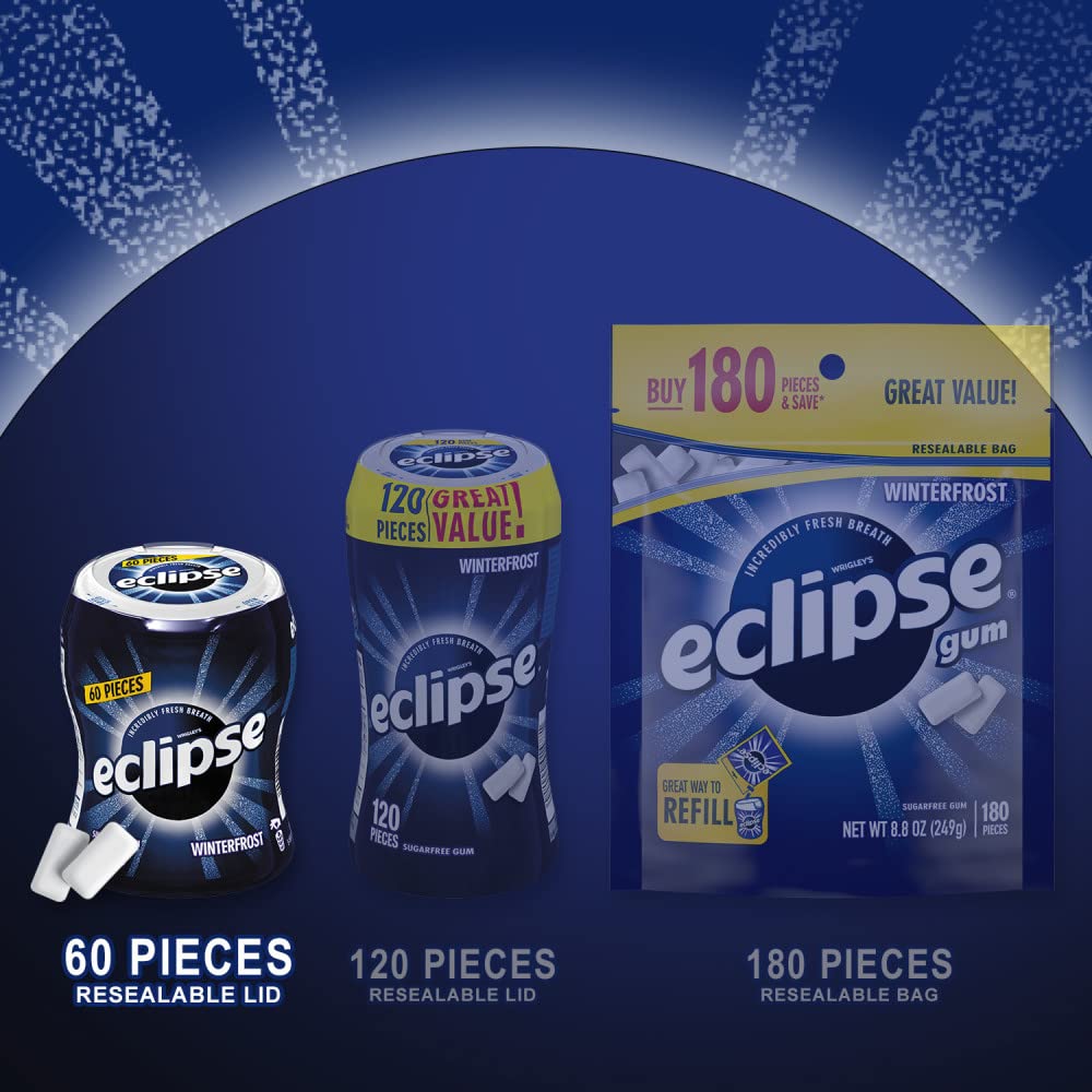 Six bottle Eclipse Winterfrost sugarfree gum bulk pack for easy sharing