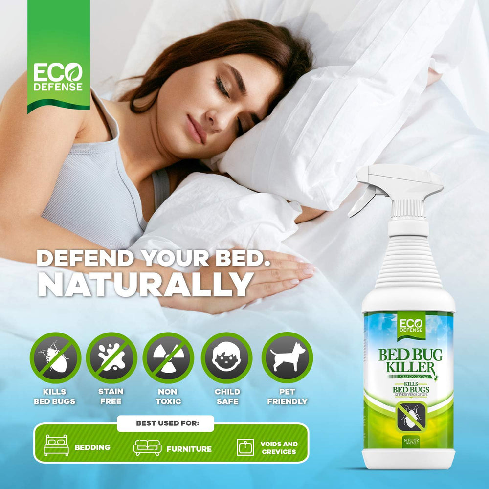 Eco Defense Bed Bug Killer label closeup highlights natural ingredients for safe use.