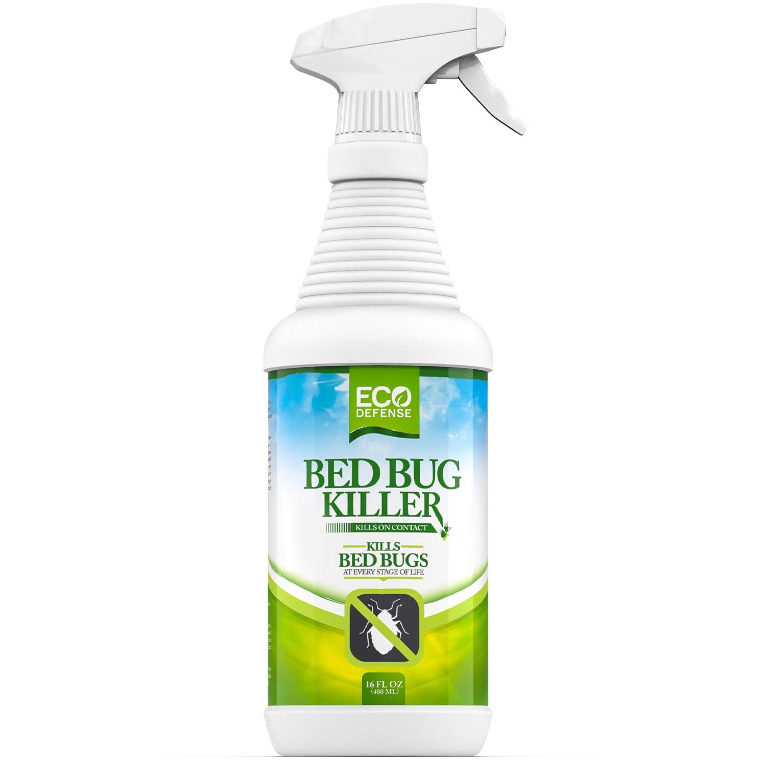Eco Defense Bed Bug Killer spray bottle on bedding for quick, natural protection.