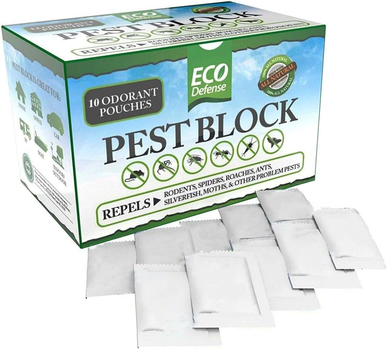 Eco Defense Pest Control Pouches package showing natural pest repellent solution