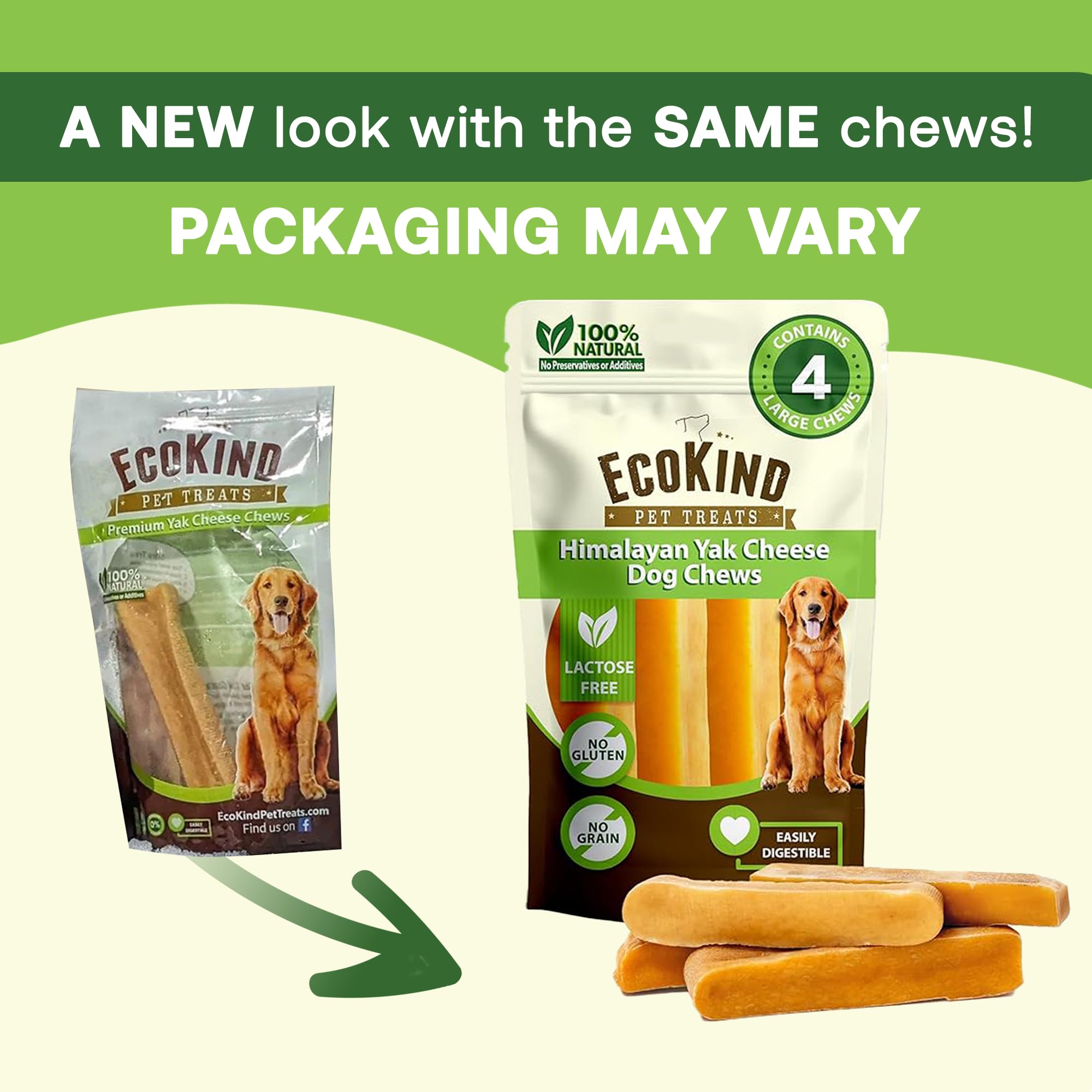 Eco-friendly packaging and recyclable materials highlight sustainable pet treats.