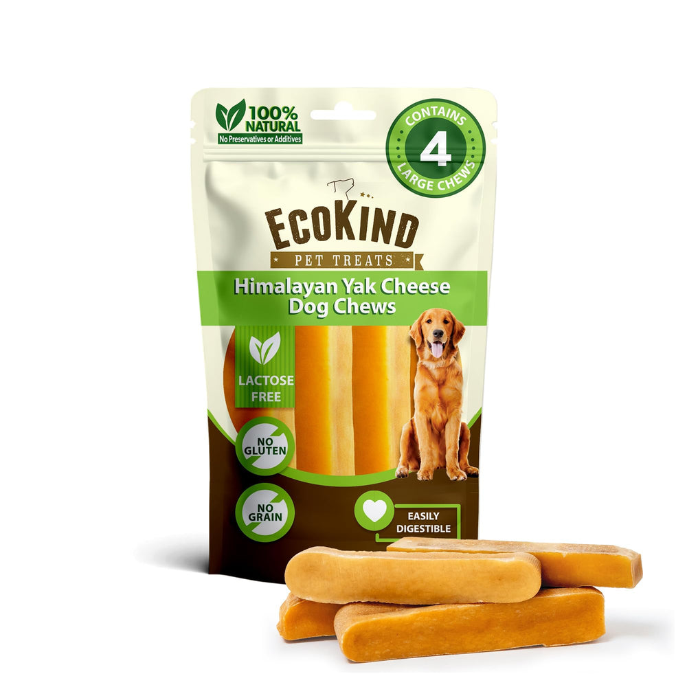EcoKind Premium Gold Yak Chews packaging showing natural flavor and long-lasting chew.