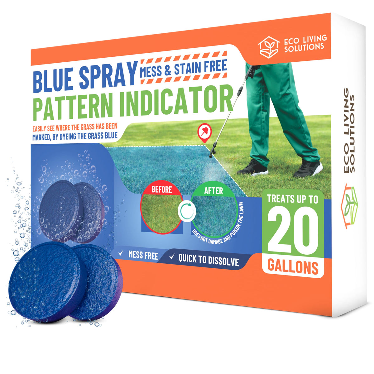 Eco Living Solutions blue dye tablet improves spray pattern visibility for precise lawn applications.