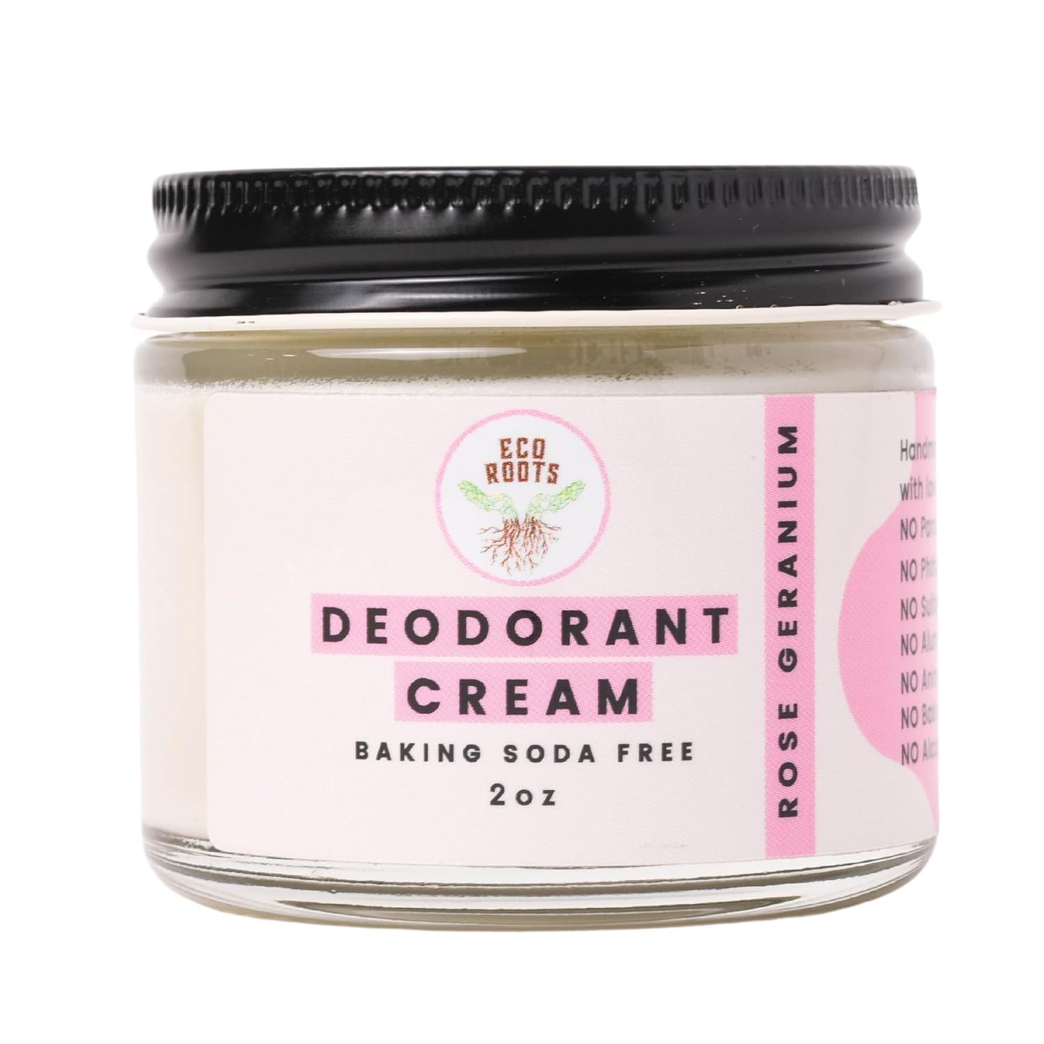 Eco Roots deodorant jar with Rose Geranium scent for all-day freshness