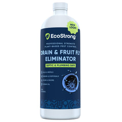 Eco Strong Fruit Fly Drain Treatment bottle front showing safe, non toxic solution for kitchens