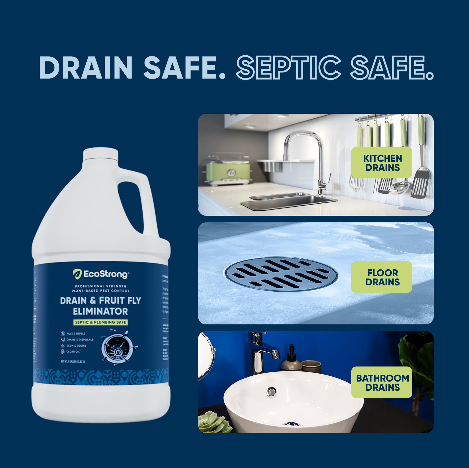 Home kitchen scene shows gel reducing drain scum over time.