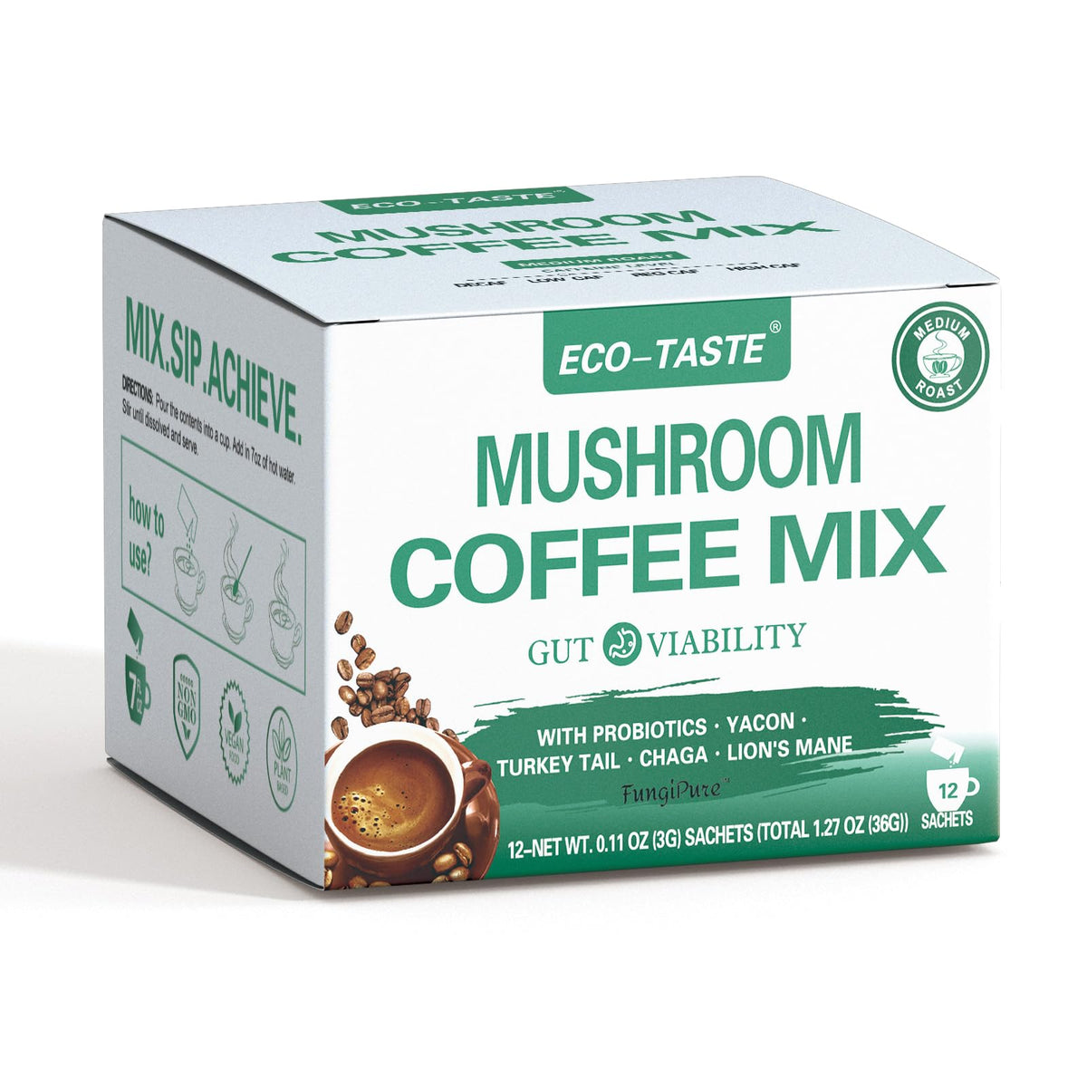 ECO-TASTE Mushroom Coffee Mix bottle ready for a gut-friendly morning ritual