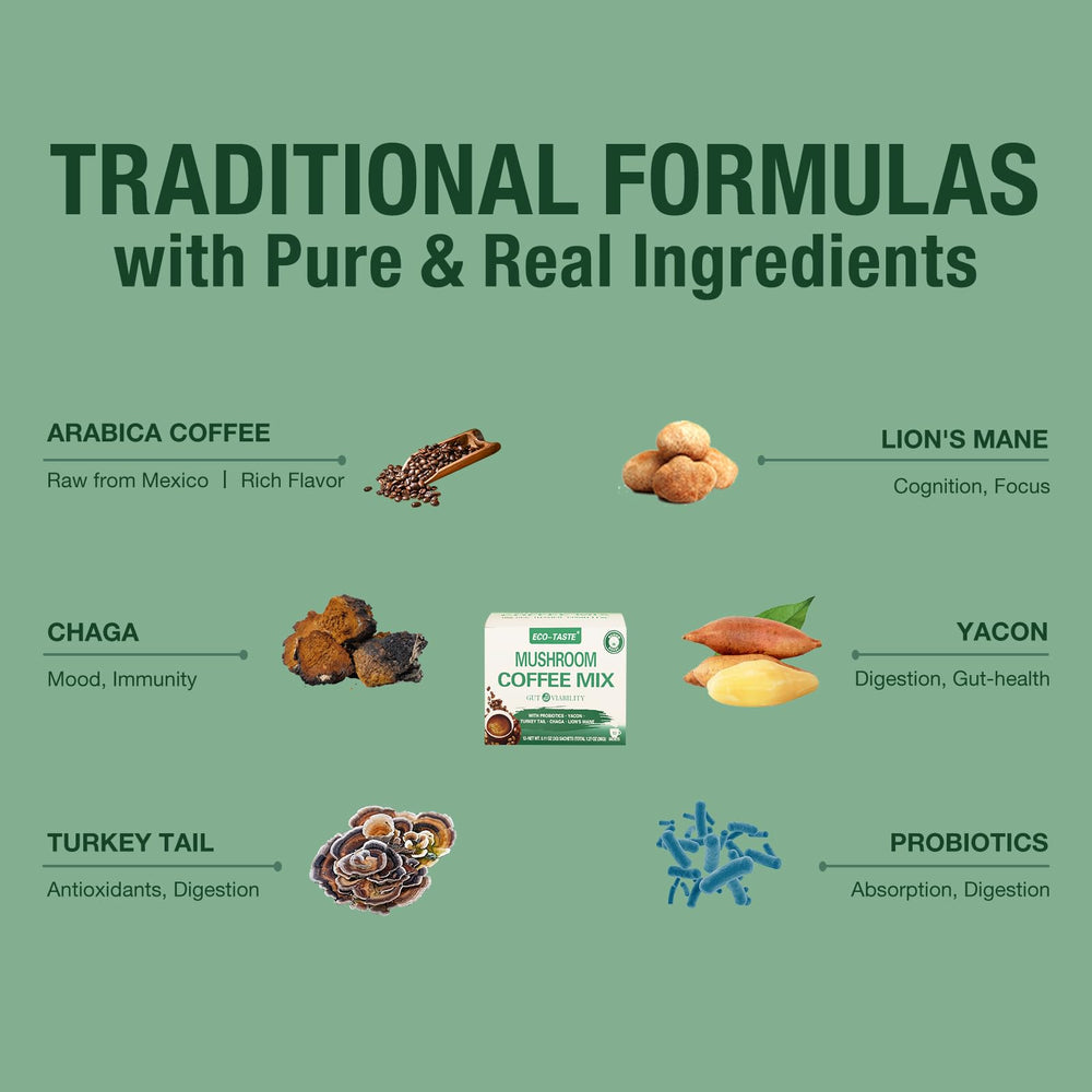 ECO-TASTE Mushroom Coffee Mix ingredients highlight chaga, lion's mane, yacon and probiotics