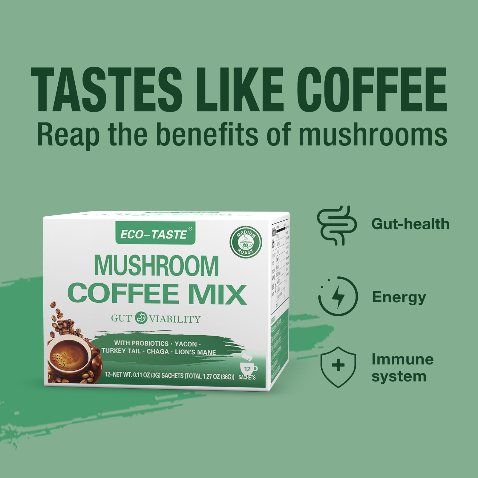 ECO-TASTE Mushroom Coffee Mix mug with steam and rich aroma