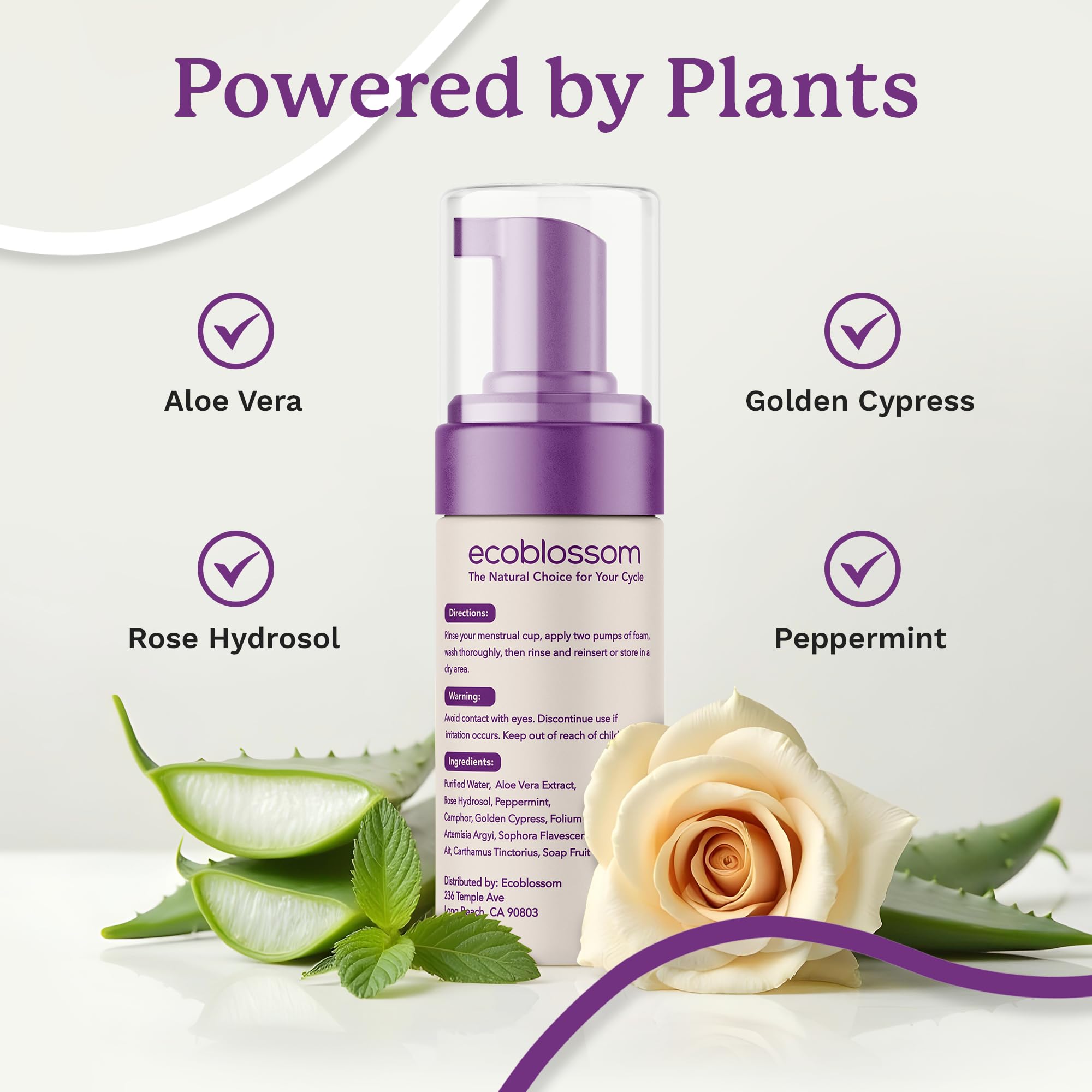 EcoBlossom packaging close-up demonstrates clean, organic ingredients promise.