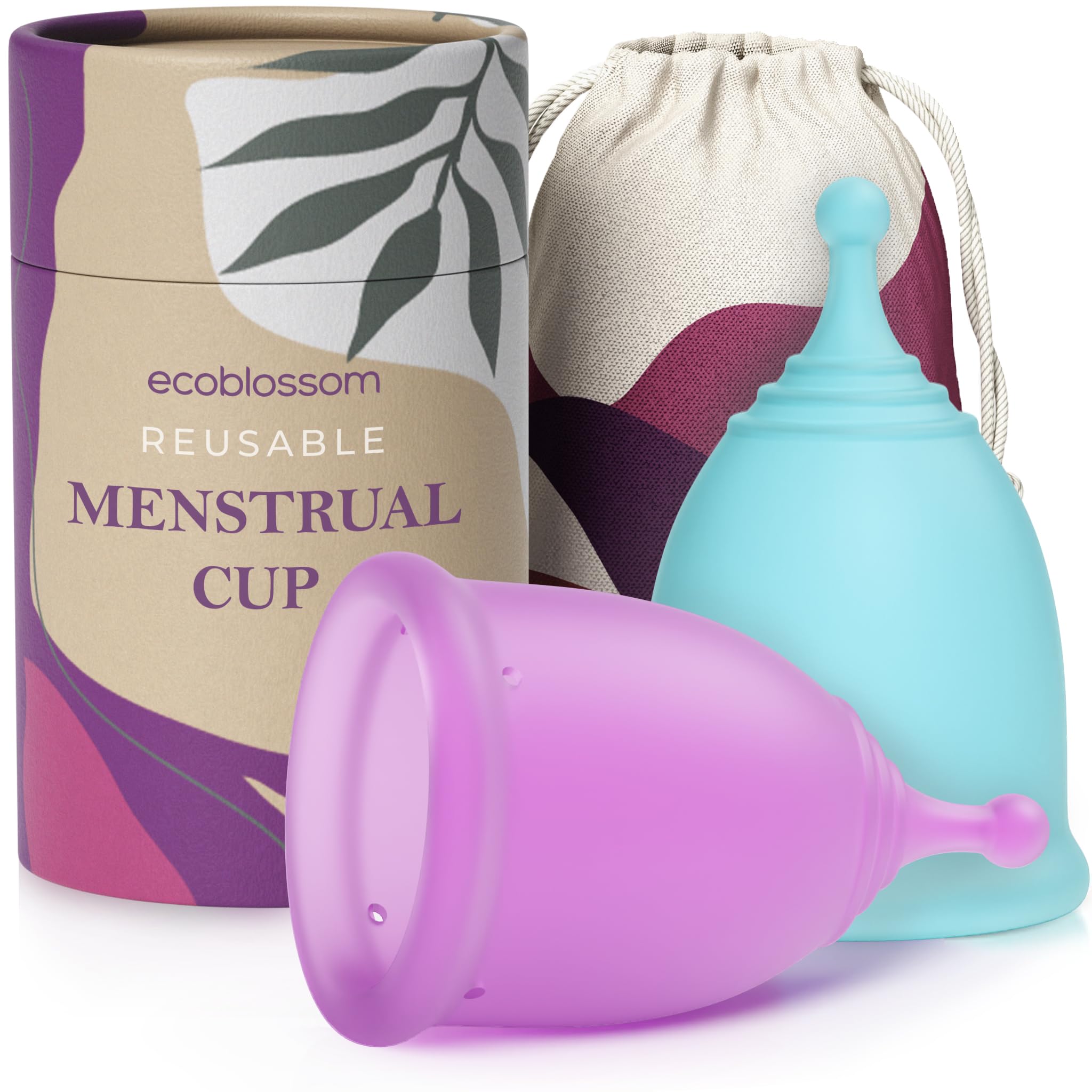 EcoBlossom reusable menstrual cup set packaging for easy travel and care.