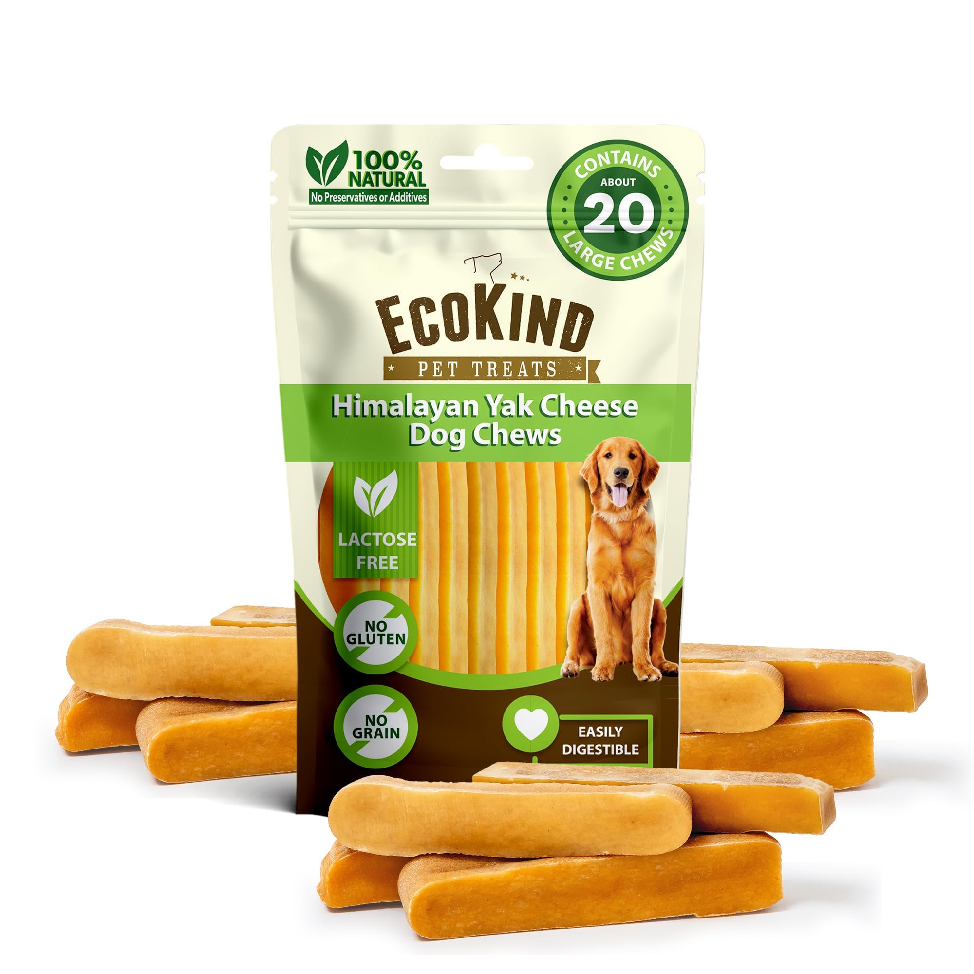 EcoKind Premium Gold Yak Cheese Himalayan dog chews pack shot showing natural ingredients for large dogs