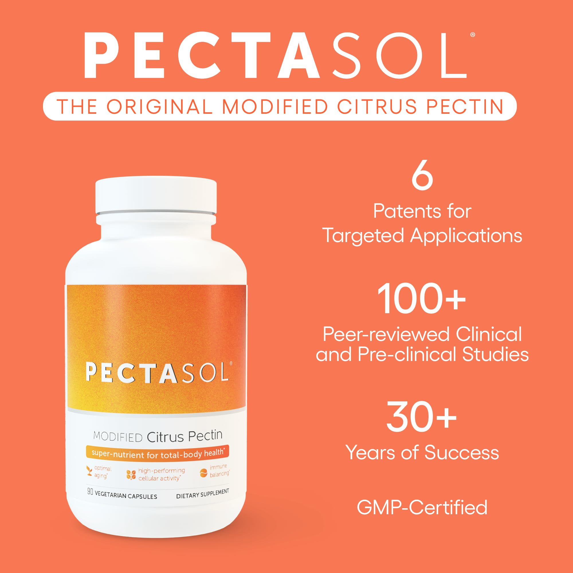 EcoNugenics PectaSol MCP bottle label closeup emphasizes purity and GMP standards