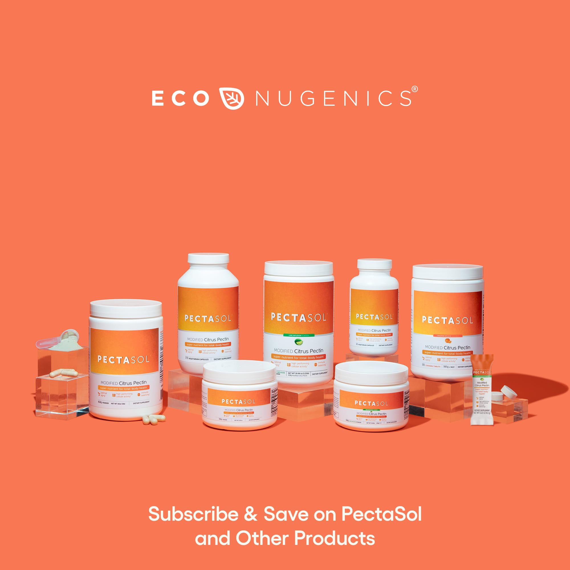 EcoNugenics PectaSol MCP packaging showing 150g powder for longevity support