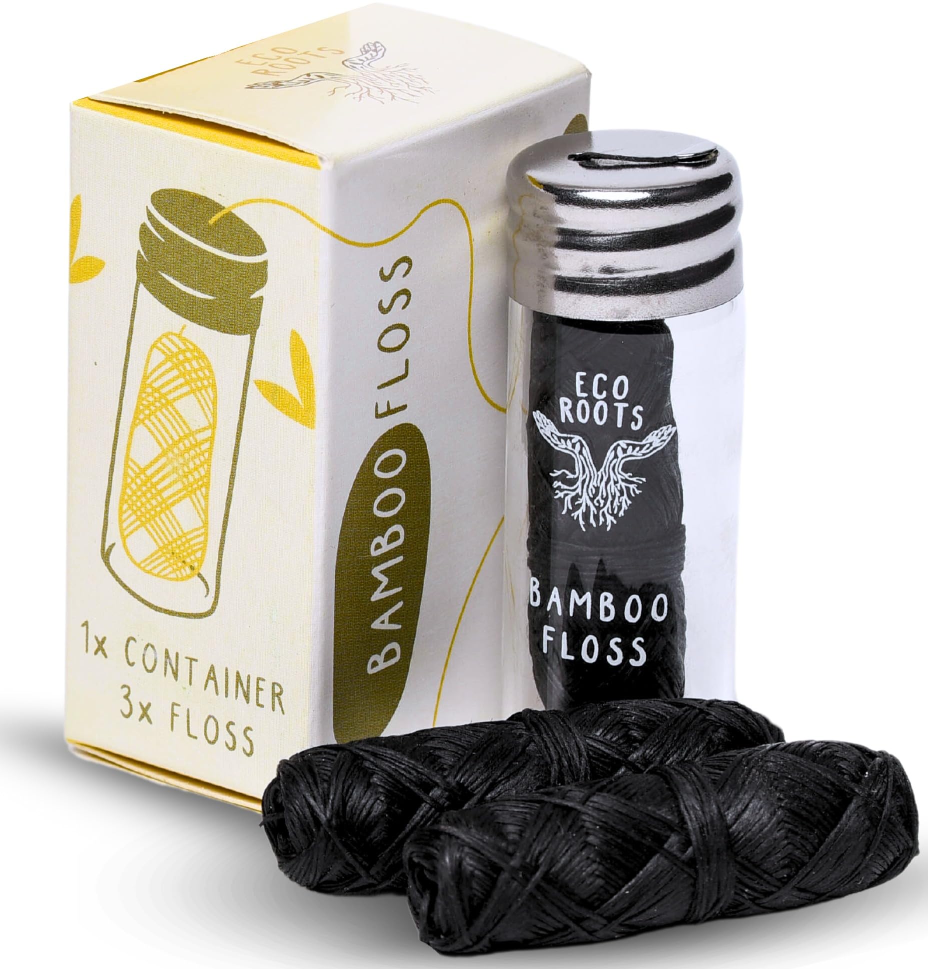 ECO ROOTS natural bamboo dental floss in glass jar for refillable use
