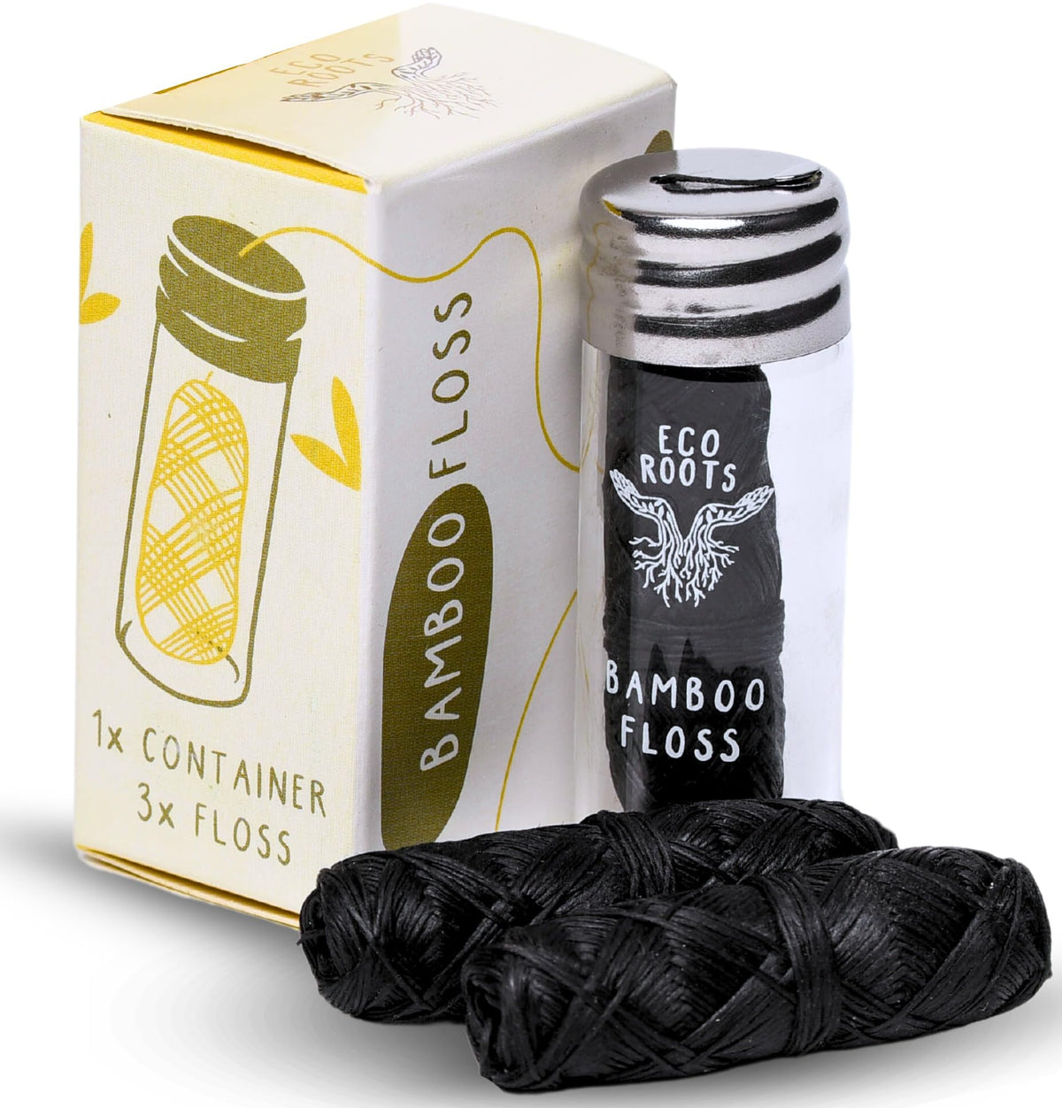 ECO ROOTS natural bamboo dental floss in glass jar for refillable use