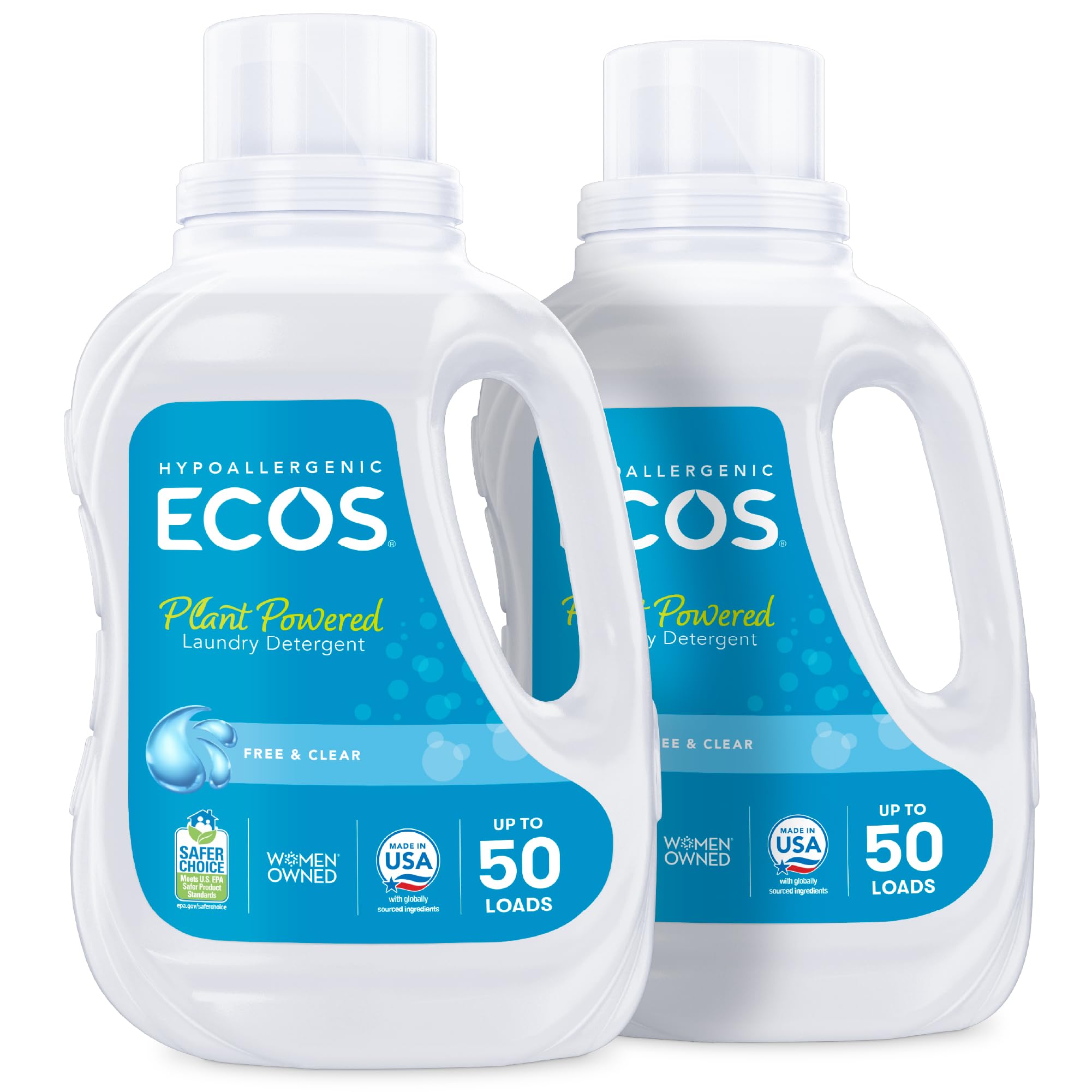 ECOS laundry detergent bottle front with plant powered formula.