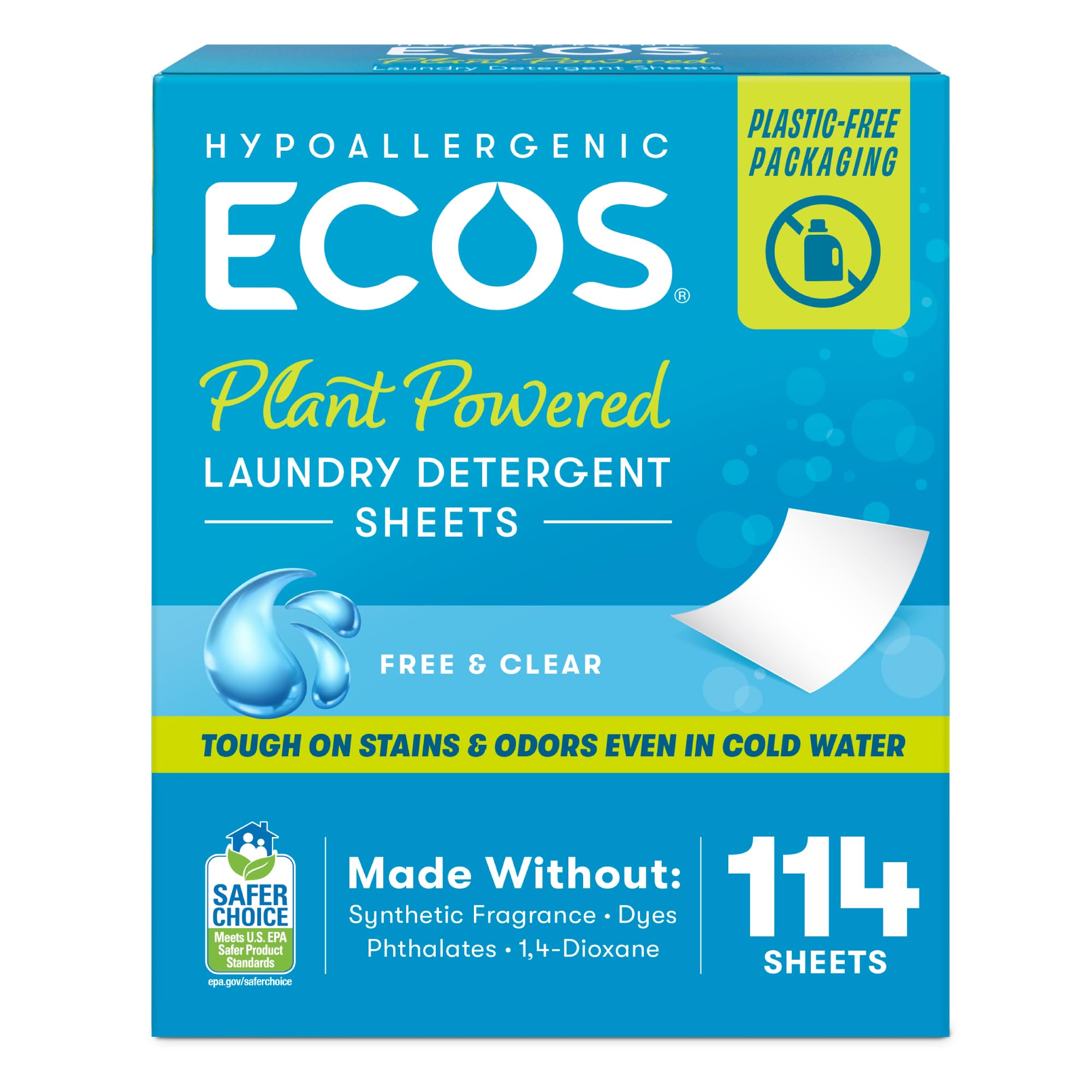 ECOS laundry sheets in plastic-free packaging for eco-friendly washing.