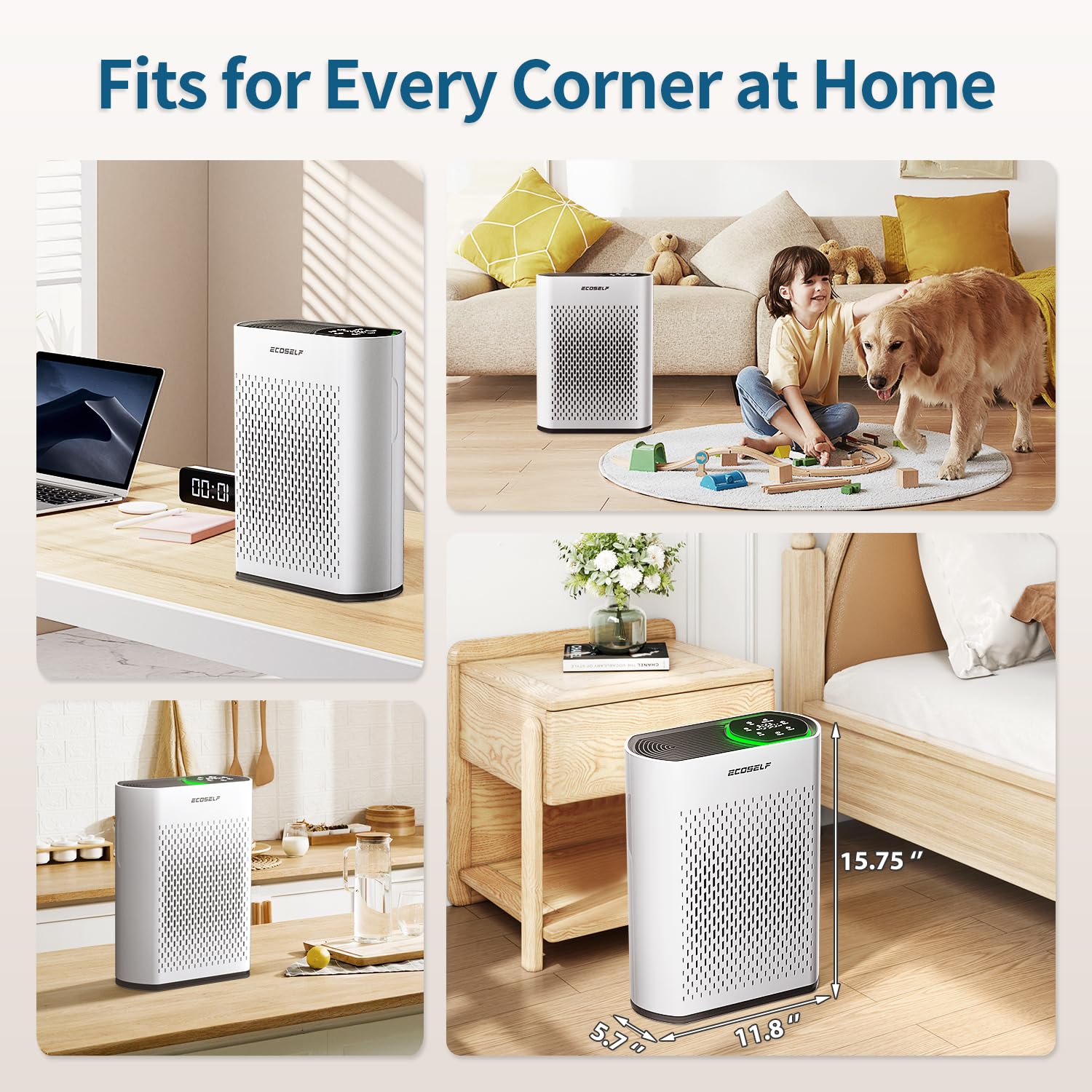 ECOSELF three-stage filtration captures dust, pollen, and smoke efficiently