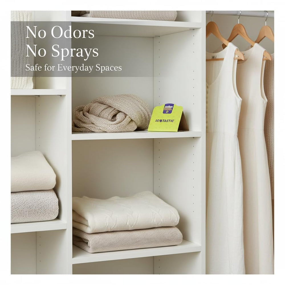 ECOTASTIC traps in wardrobe help intercept moth breeding without fumes.