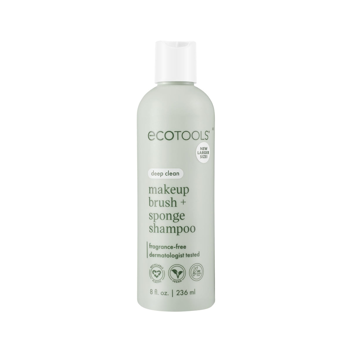 EcoTools makeup brush shampoo bottle shown for fragrance-free, gentle cleaning of tools.