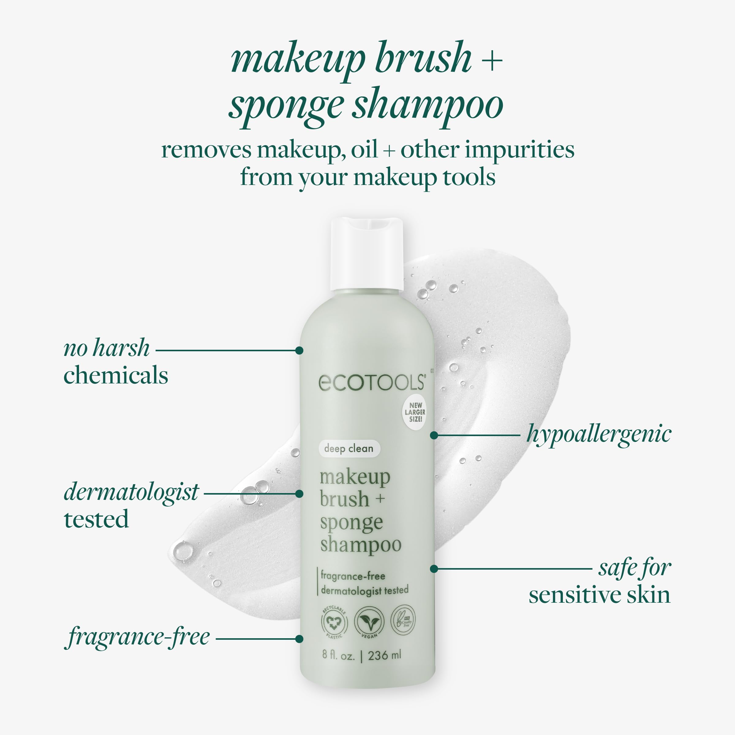EcoTools XL lather closeup reveals rich foam that cleans brushes and sponges effectively.