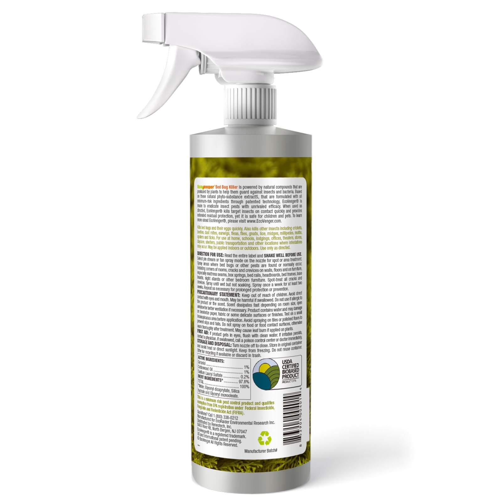 EcoVenger Bed Bug Killer ingredients like geraniol and cedarwood for natural control.