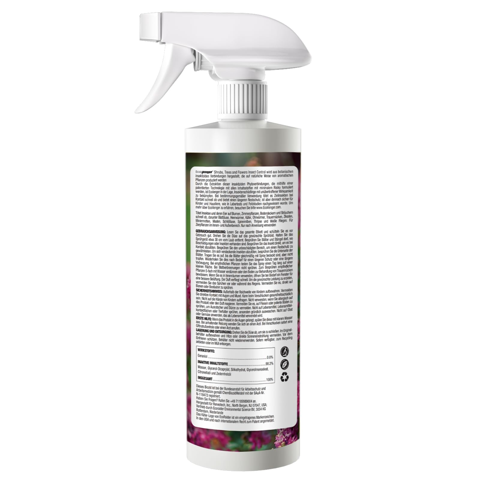 EcoVenger Garden Insect Control spray on leaves demonstrates safe on-plant pest treatment