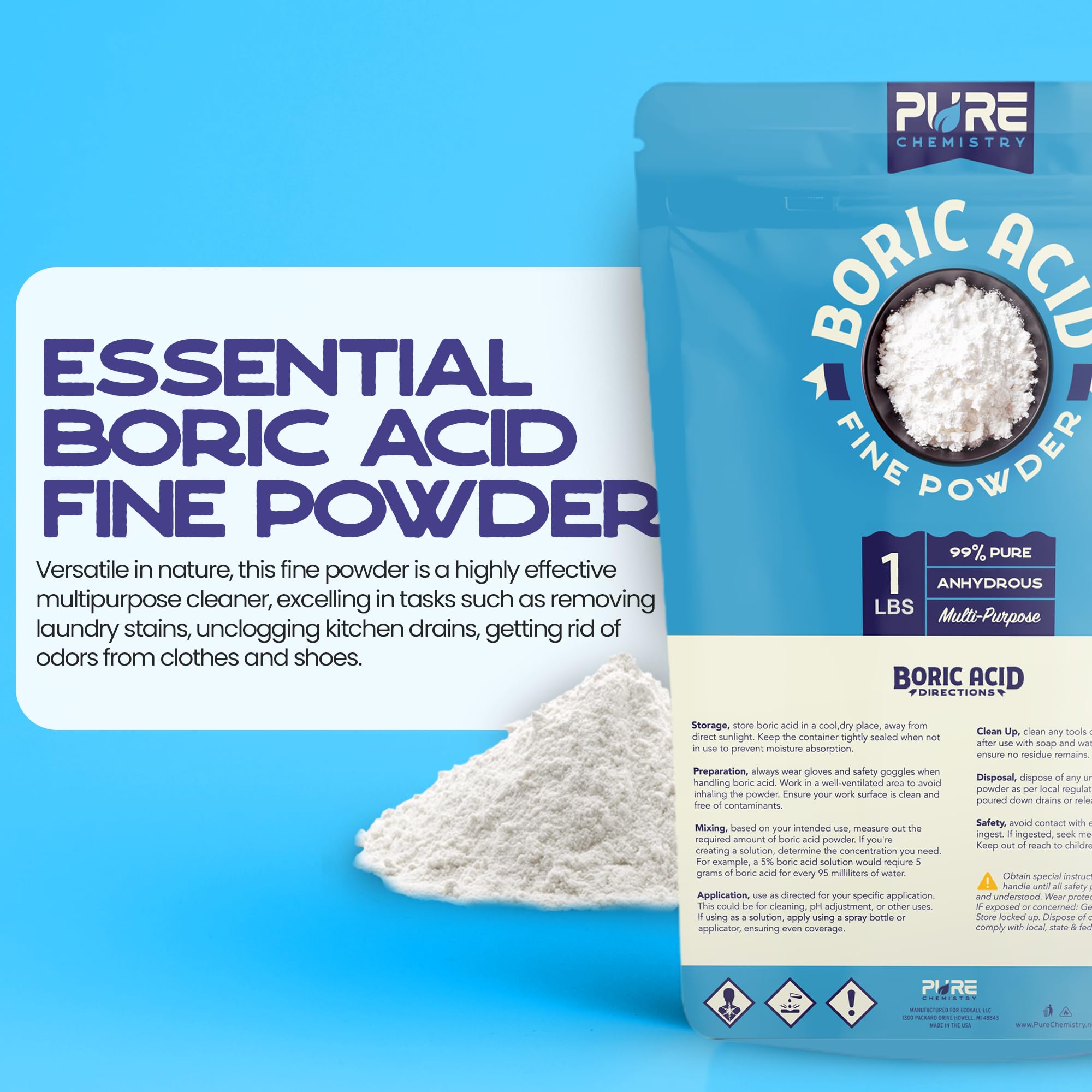 Ecoxall boric acid powder deodorizes shoes and fabrics, keeping rooms and closets fresh.