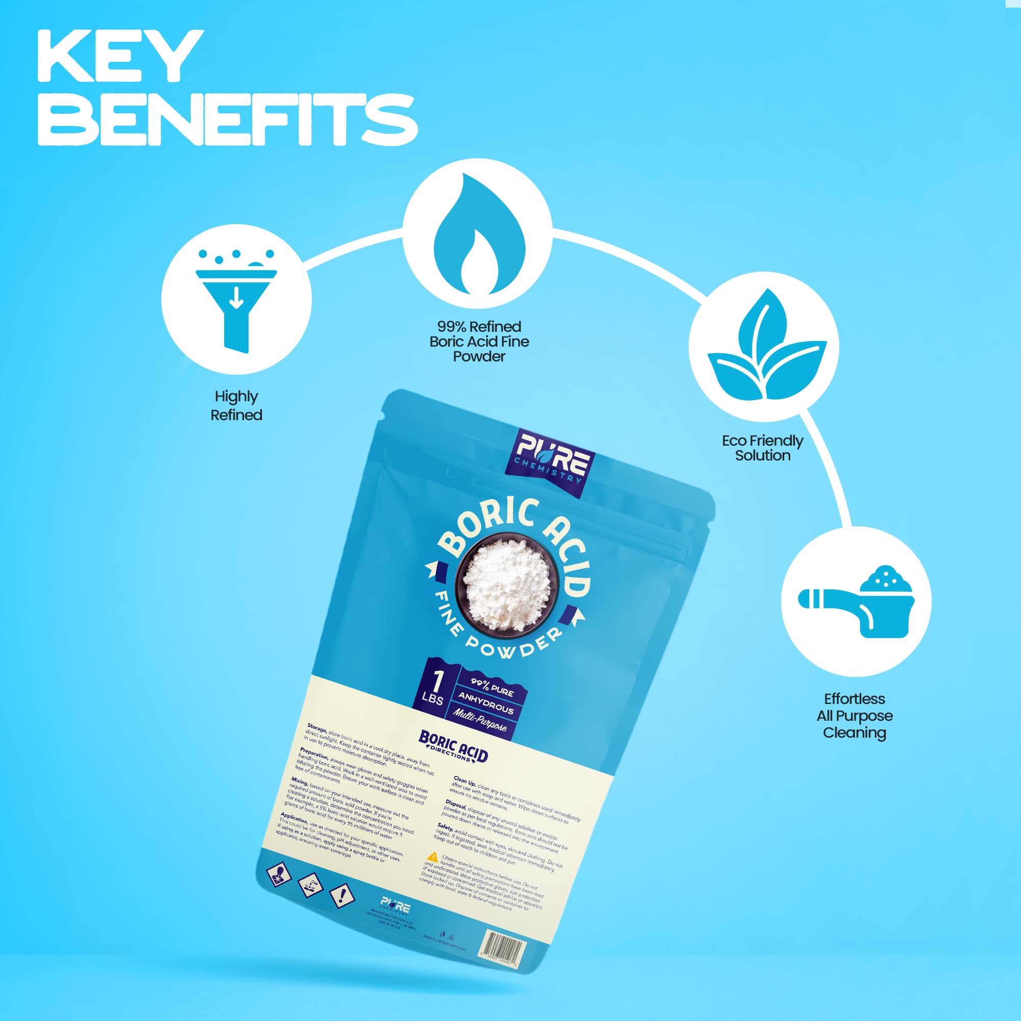 Ecoxall boric acid powder used as kitchen cleaner, removing grime from counters and appliances.