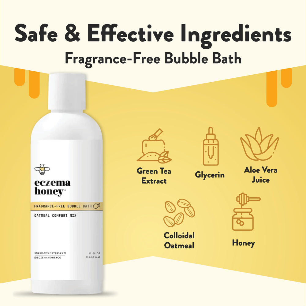 Close-up of fluffy lather from Eczema Honey bubble bath soothing the skin.