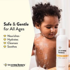 Eczema Honey ingredients panel shows colloidal oatmeal and honey for nourishment.
