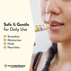 Ecz ema Honey Nourishing Lip Balm label highlighting mango butter and honey ingredients for gentle care