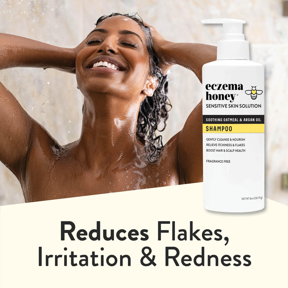 Eczema Honey Nourishing Shampoo family packaging communicates kid-friendly, gentle formula