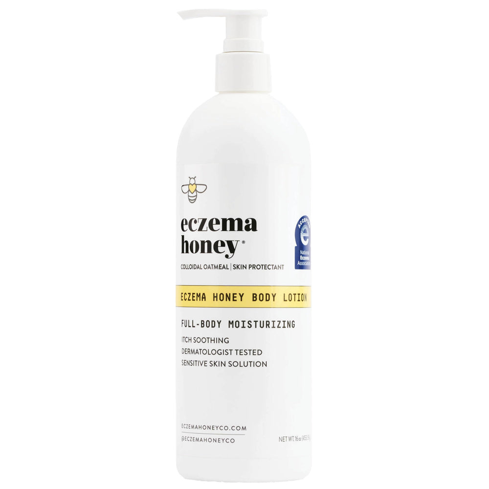 ECZEMA HONEY oatmeal lotion bottle pour showing easy moisture application