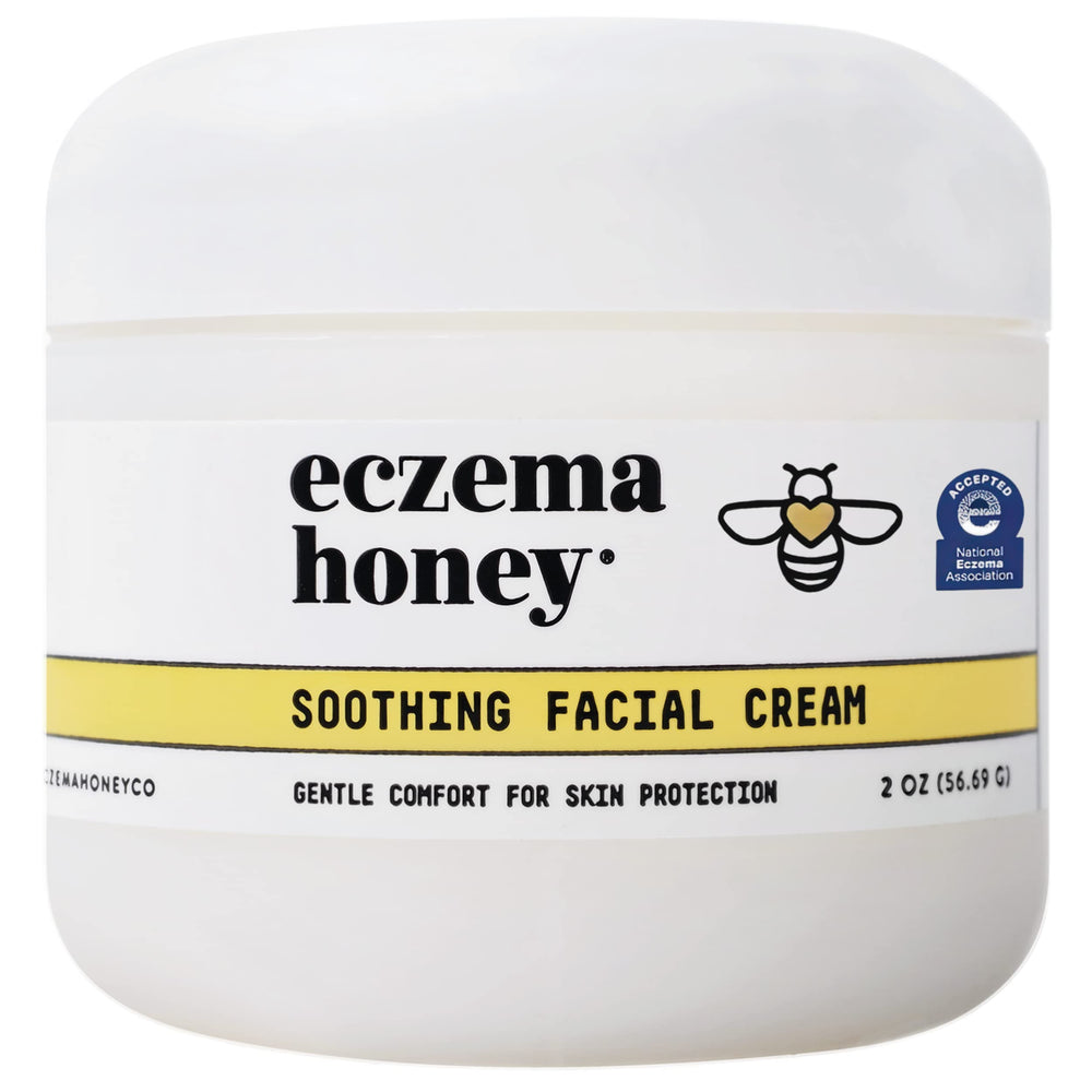ECZEMA HONEY soothing cream jar closeup shows a lightweight barrier against irritation