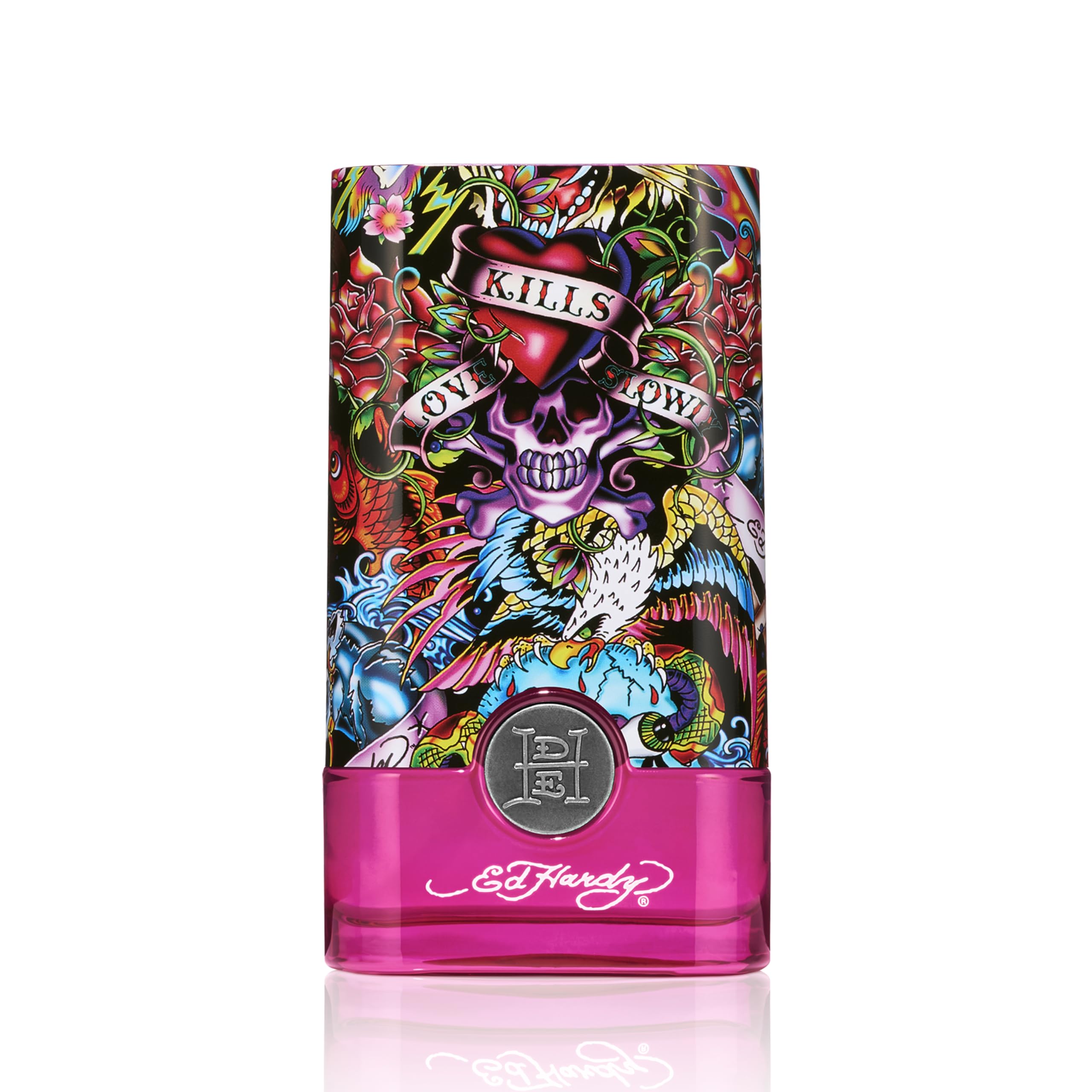 ED HARDY Hearts & Daggers bottle side view showing sleek masculine silhouette for date nights.