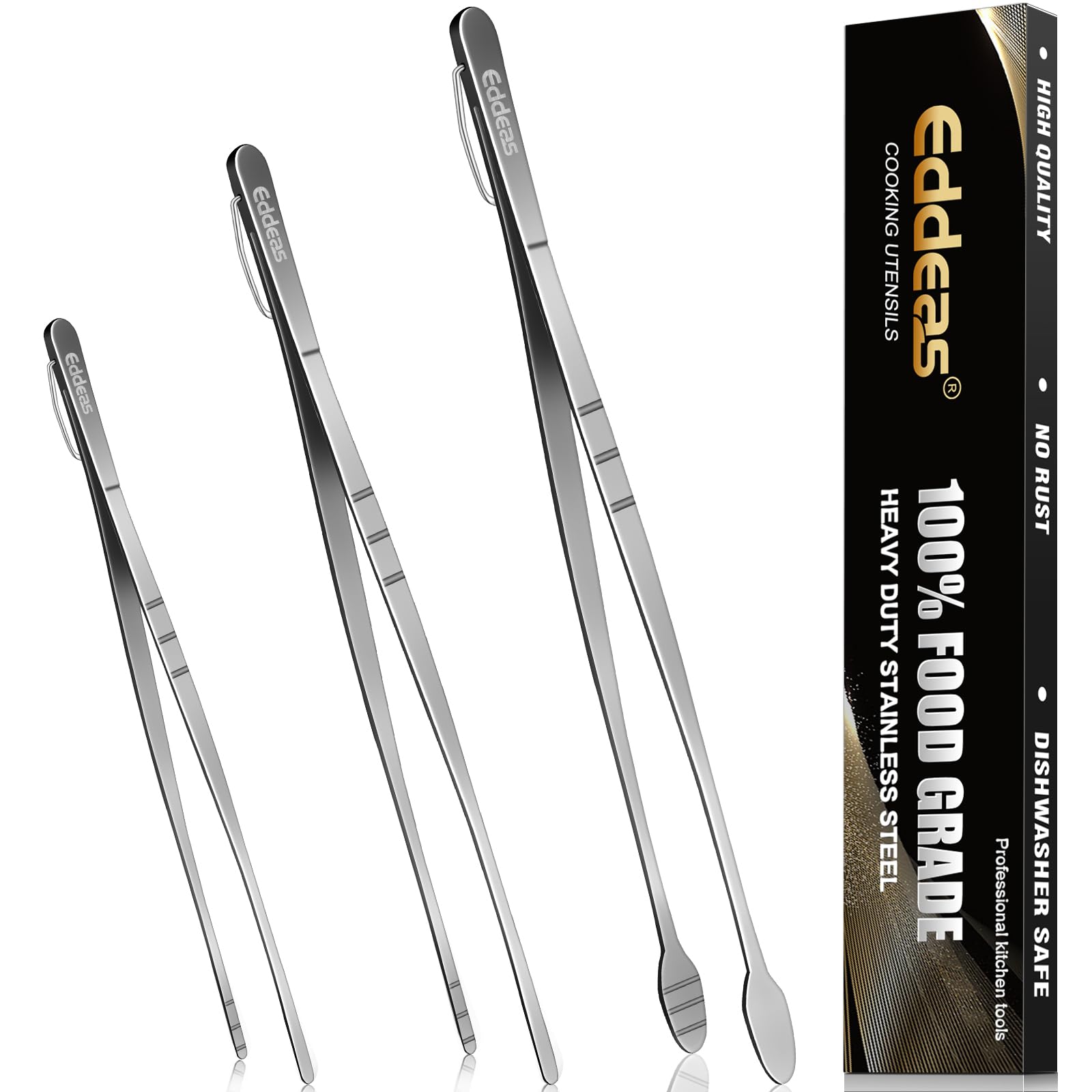 Eddeas kitchen tweezers 12-inch view, sturdy stainless steel for precise meat and pasta handling.