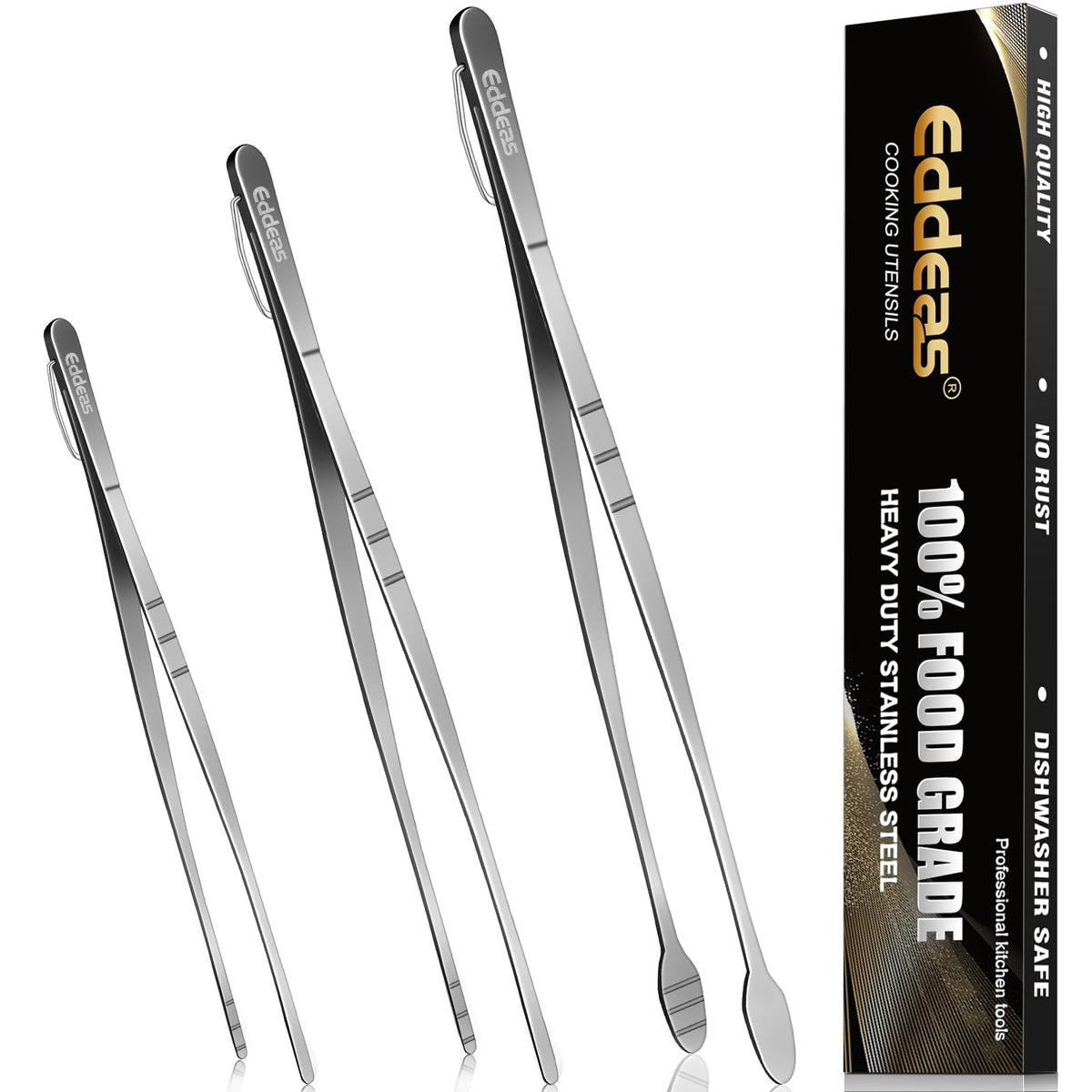 Eddeas kitchen tweezers 12-inch view, sturdy stainless steel for precise meat and pasta handling.