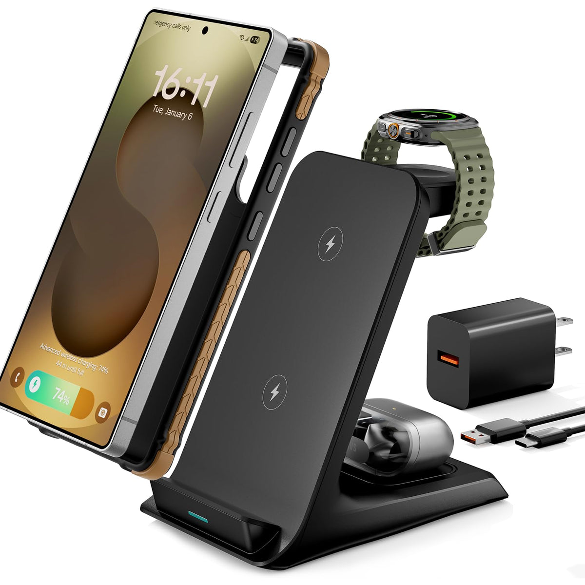 Eddibox 3-in-1 charging station shows thick-case compatibility up to 10 mm.