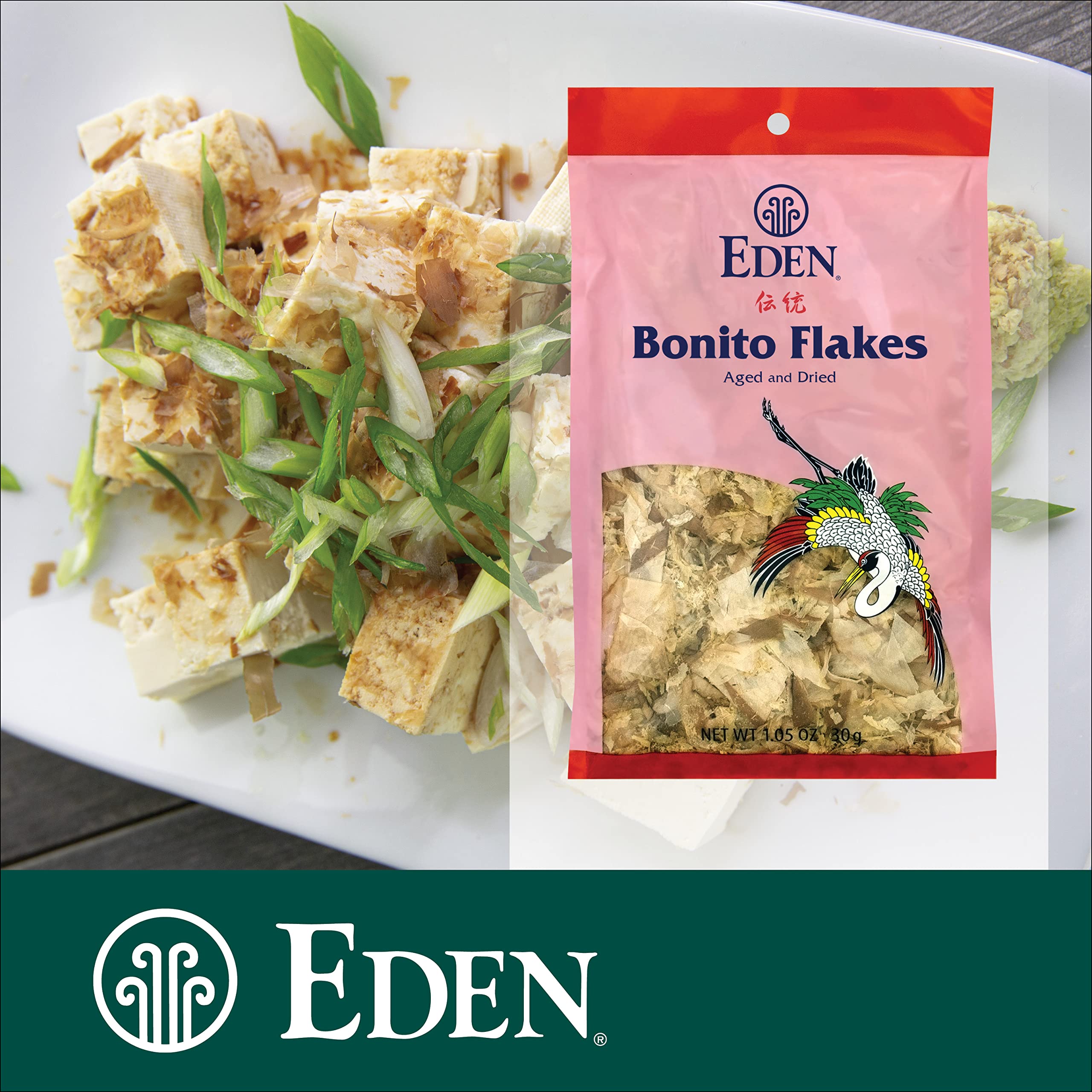 Eden bonito flakes sprinkle over noodles for depth.