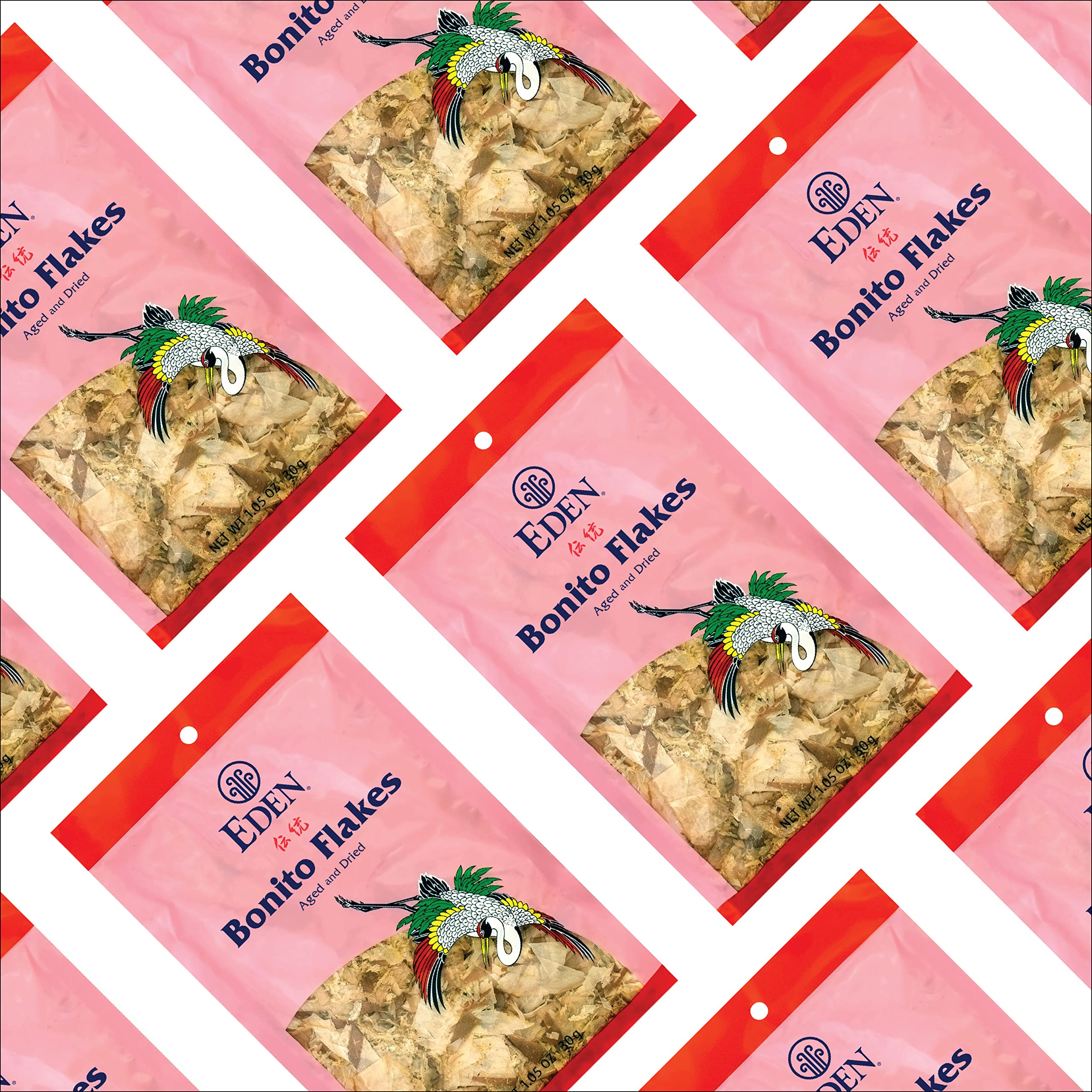 Eden bonito flakes packaging closeup highlights quality and freshness.