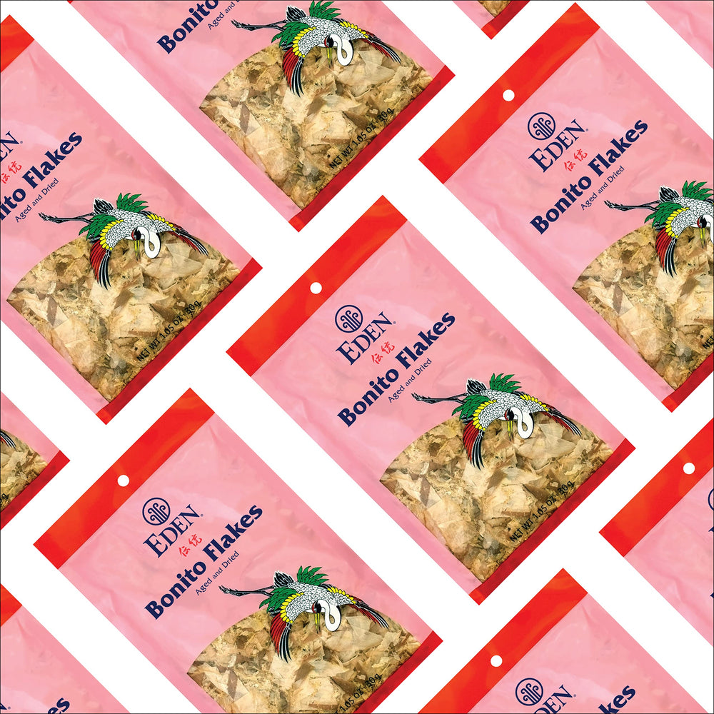 Eden bonito flakes packaging closeup highlights quality and freshness.