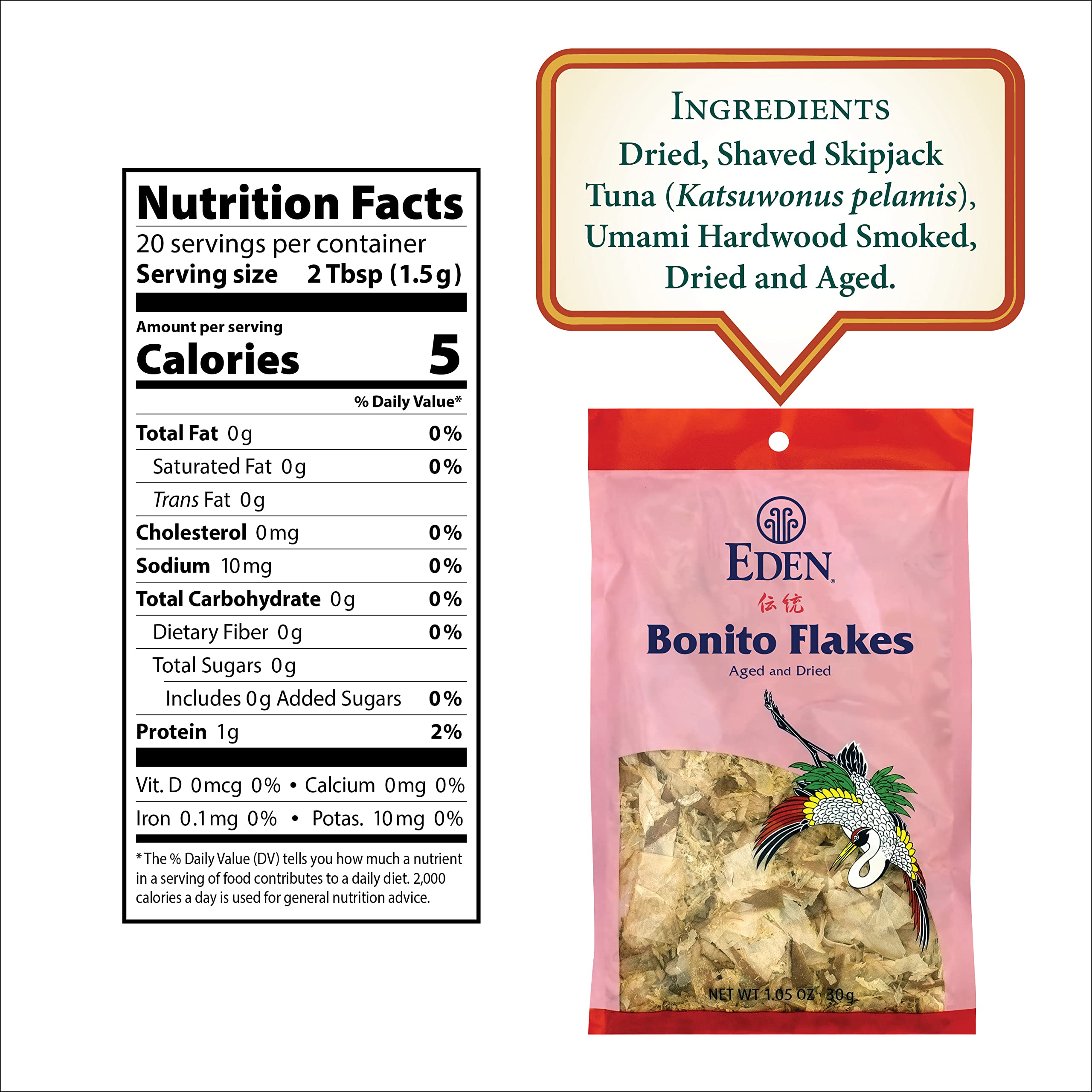 Eden katsuobushi wood-smoked dried flakes enhance soups.